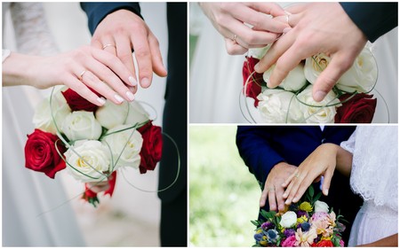 Wedding collage - hands with rings, people renewing vowsの写真素材