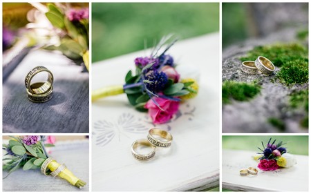 Wedding details collage - rings, flowers and bouquetsの写真素材