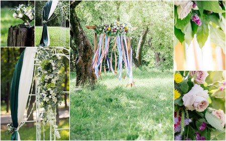 Wedding collage - isle to wedding arc outdoors, flowers and decorationの写真素材