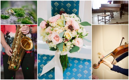 Wedding orchestra collage. Images of musical instruments on wedding.の写真素材