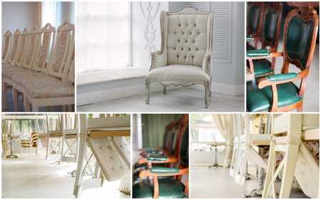 Wedding rentals collage - chairs and other furniture for guestsの写真素材