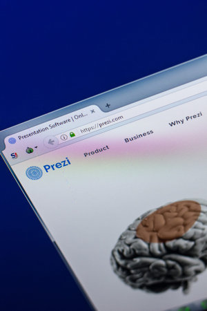 Ryazan, Russia - April 29, 2018: Homepage of Prezi website on the display of PC, url - Prezi.com.