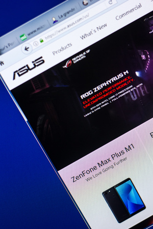 Ryazan, Russia - April 29, 2018: Homepage of Asus website on the display of PC, url - Asus.com.のeditorial素材