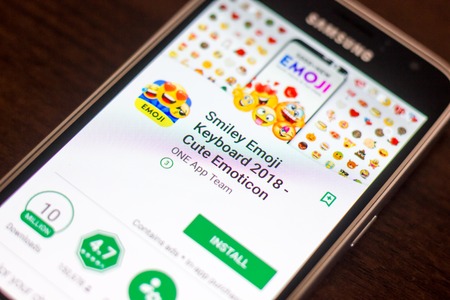 Ryazan, Russia - May 04, 2018: Smiley Emoji Keyboard mobile app on the display of cell phoneのeditorial素材