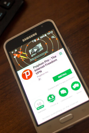 Ryazan, Russia - May 04, 2018: Psiphon Pro VPN mobile app on the display of cell phone