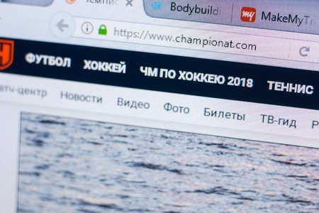 Ryazan, Russia - May 13, 2018: Championat website on the display of PC, url - Championat.comのeditorial素材