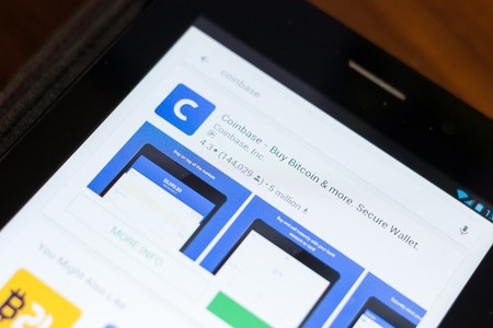 Ryazan, Russia - June 24, 2018: Coinbase - Buy Bitcoin and More, Secure Wallet icon on the list of mobile appsのeditorial素材