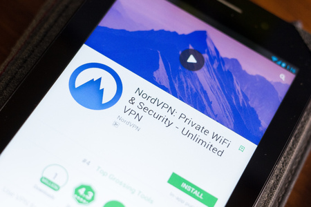 Ryazan, Russia - June 24, 2018: NordVPN, Private WiFi and Security, Unlimited VPN mobile app on the display of tablet PCのeditorial素材