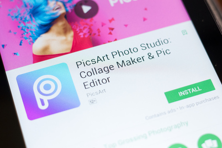 Ryazan, Russia - June 24, 2018: PicsArt Photo Studio mobile app on the display of tablet PCのeditorial素材