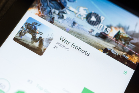 Ryazan, Russia - June 24, 2018: War Robots mobile app on the display of tablet PCのeditorial素材