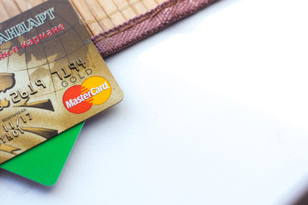 Ryazan, Russia - February 27, 2018: Few number of credit cards over the white tableのeditorial素材