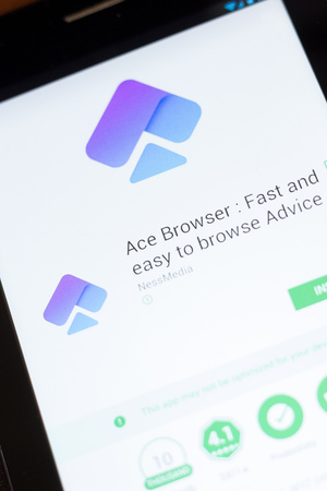 Ryazan, Russia - June 24, 2018: Ace Browser mobile app on the display of tablet PCのeditorial素材