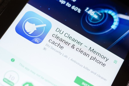 Ryazan, Russia - June 24, 2018: DU Cleaner mobile app on the display of tablet PCのeditorial素材