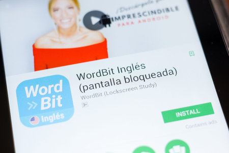 Ryazan, Russia - June 24, 2018: WordBit Ingles mobile app on the display of tablet PC