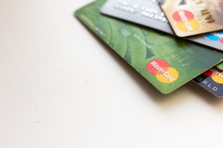 Ryazan, Russia - February 27, 2018: Few number of credit cards over the white tableのeditorial素材