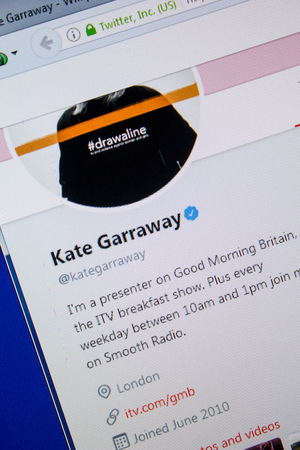 Ryazan, Russia - July 09, 2018: Twitter of Kate Garraway website on the display of PCのeditorial素材