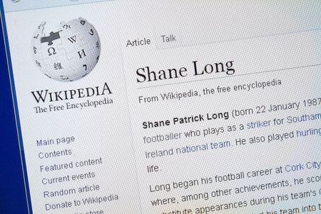 Ryazan, Russia - August 19, 2018: Wikipedia page about Shane Long on the display of PC