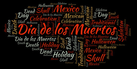 Dia de los Muertos on black  word cloud. Wordcloud made with text only.