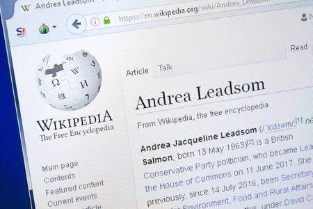 Ryazan, Russia - August 28, 2018: Wikipedia page about Andrea Leadsom on the display of PCのeditorial素材