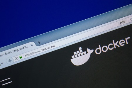 Ryazan, Russia - July 25, 2018: Homepage of Docker website on the display of PC. Url - Docker.comのeditorial素材