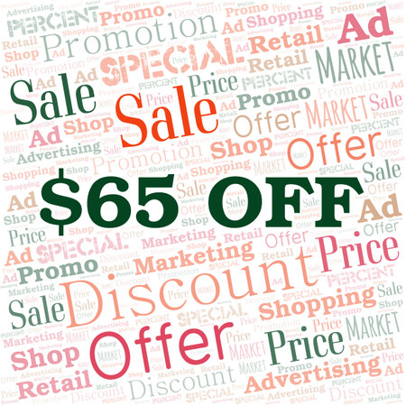 $65 Off word cloud. Wordcloud made with text only.