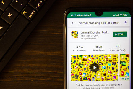 Ivanovsk, Russia - July 21, 2019: Animal Crossing Pocket Camp app on the display of smartphone