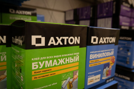 Ryazan, Russia - October 01, 2019: Axton glue for wallpaper mounting in a market.