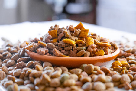Clay bowl with a dry pet food.