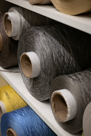 Cotton sewing threaded reels in a sewing shop.