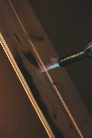 Treatment wooden plank by flame. Great photo for your needs.