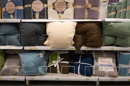 Ryazan, Russia - October 01, 2019: Different styles pillows in a shopのeditorial素材
