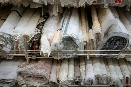 Ryazan, Russia - October 01, 2019: Rolls of fabric material in a textile shopのeditorial素材