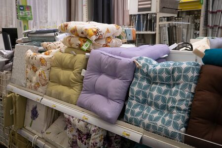 Ryazan, Russia - October 01, 2019: Different styles pillows in a shopのeditorial素材