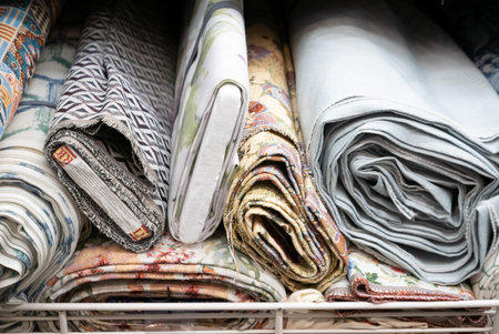 Rolls of fabric material in a textile shop.