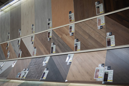 Ryazan, Russia - October 01, 2019: Laminate flooring section in a construction mall