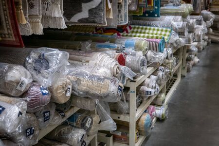 Ryazan, Russia - October 01, 2019: Variety of floor carpets in a home decoration mall.のeditorial素材