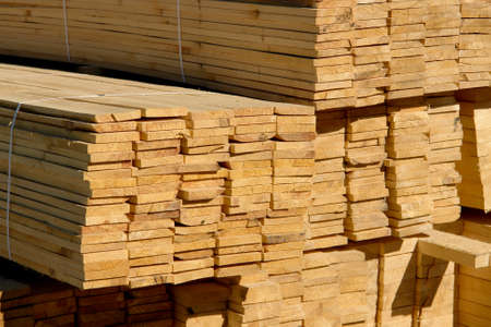 Wooden planks on timber yard, warehouse or sawmill.の写真素材
