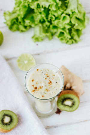 Vegan drink - smothie made from fresh ginger and fruits.の写真素材