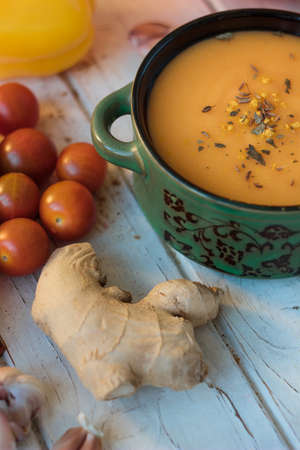 Nice vegan cream soup with ginger and spices.の写真素材