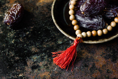 Dates and islamic rosary as ramadan symbol, matif.の写真素材