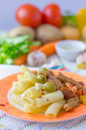 Pasta with soy meal. Soybean meat with italian pasta.の写真素材