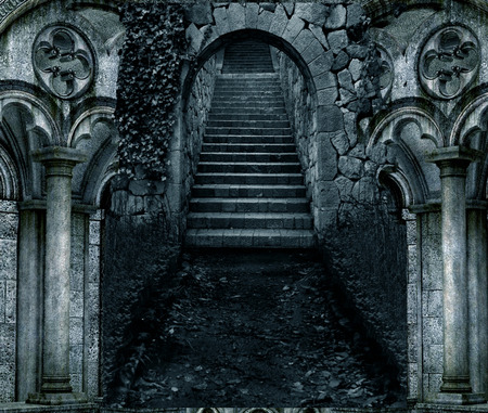 illustration of dark scary stone stair entrance with stone architecture on both sidesの写真素材