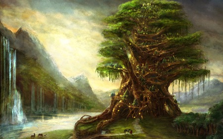 3d illustration fantasy graphic background of a huge tree with a lakeの写真素材