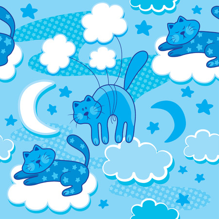 Funny flying cats seamless vector patternのイラスト素材