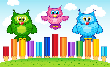 The Family Owls on the fence of colored pencils, vector illustrationのイラスト素材