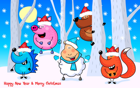 Funny cheerful wild animals in the winter forest. Vector illustration for greeting cards of New Year, Christmas. Orange fox, pink pig, brown bear, white sheep and blue hedgehogのイラスト素材