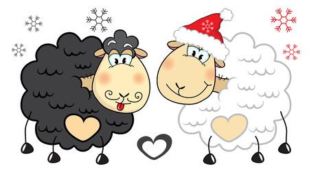 Cute cheerful black sheep man and white sheep woman (ram, mouton). Vector illustration for a greeting card of New Year, Christmas.のイラスト素材