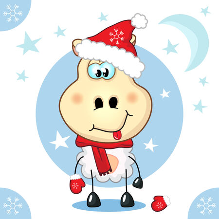 Greeting Card with a funny cheerful cartoon young sheep (ram, goat, mouton) in a red hat. Vector illustration for a card of New Year, Christmas.のイラスト素材