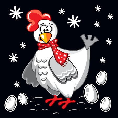 The funny cheerful white chicken with eggs, vector illustration. New Year, Christmas, Xmas. Black background with snowflakesのイラスト素材
