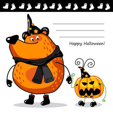 Halloween, Pumpkin with funny Bear on the street. Vector illustration.のイラスト素材